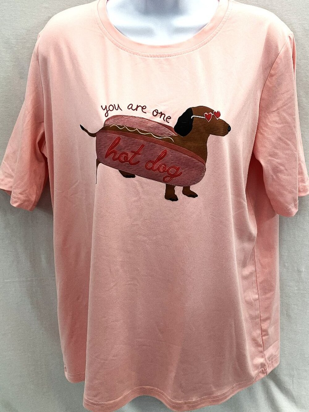Teen Girl Light Pink Cartoon Hot Dog Print Short Sleeve T-Shirts - Size Large